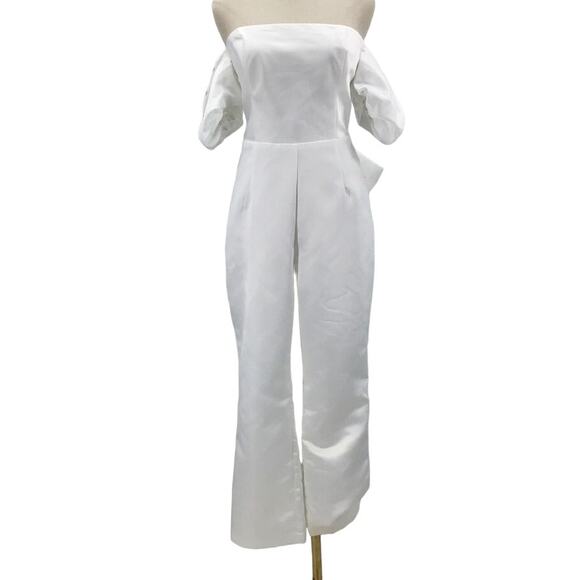 LULU'S L Chic Vow White Satin Off-the-Shoulder Bow Jumpsuit NEW B87 - Picture 3 of 12